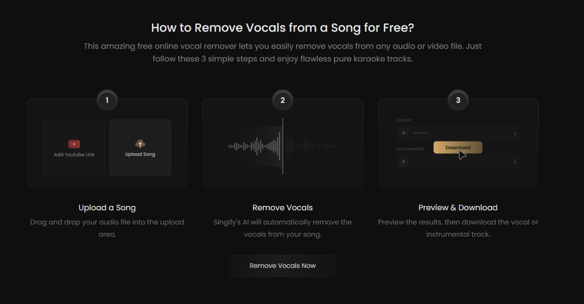 人聲分離, vocal remover, 免費人聲分離, 在線人聲分離, AI人聲分離, 提取伴奏, 音樂制作, 卡拉OK, YouTube人聲分離, 音頻分離, Singify, 伴奏制作, 音樂學習, 混音工具, 人聲去除器
