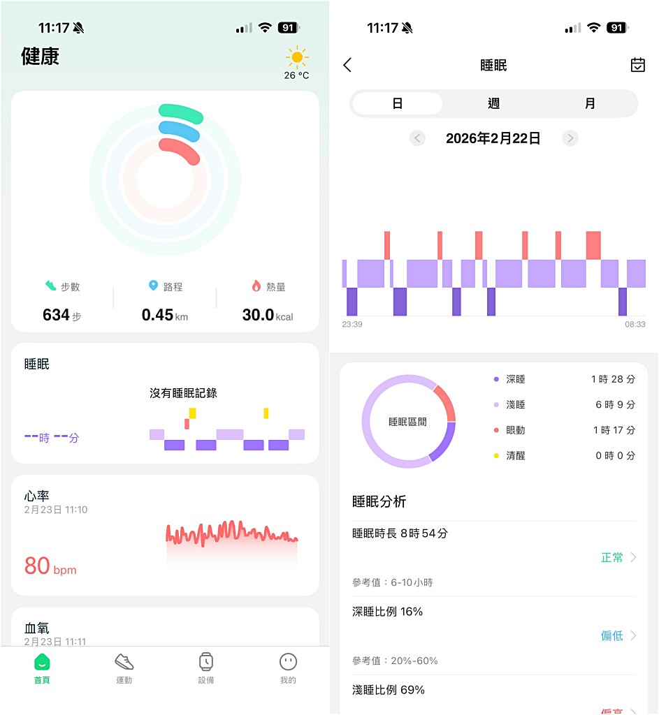 GloryFitPro App 運動數據與健康紀錄顯示
