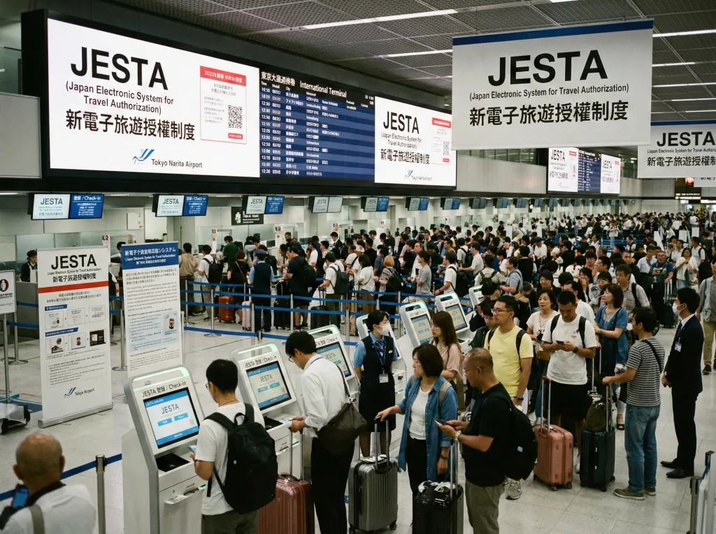 日本機場通關人潮與JESTA新制示意圖