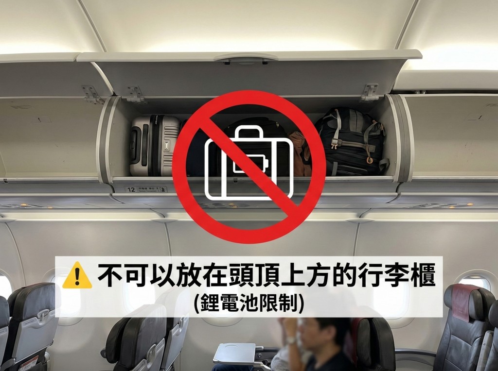 機上行動電源不可放入頭頂行李櫃請放前方座位下