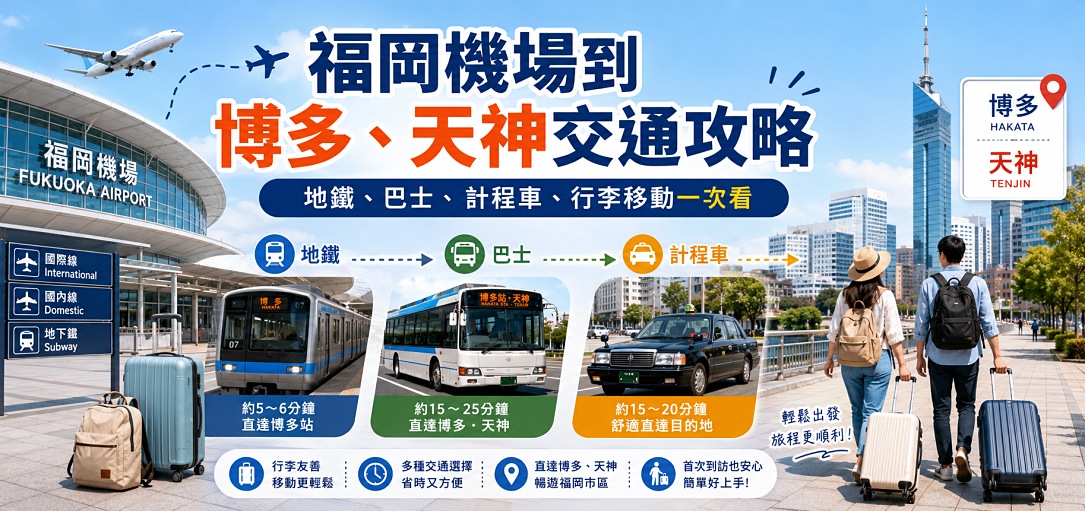 福岡機場到博多天神交通攻略，地鐵巴士計程車與行李移動方式