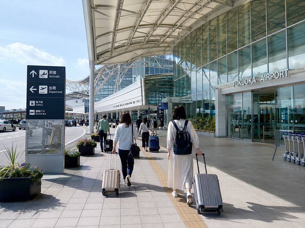 福岡機場航廈外觀,旅客拖行李準備前往博多與天神市區
