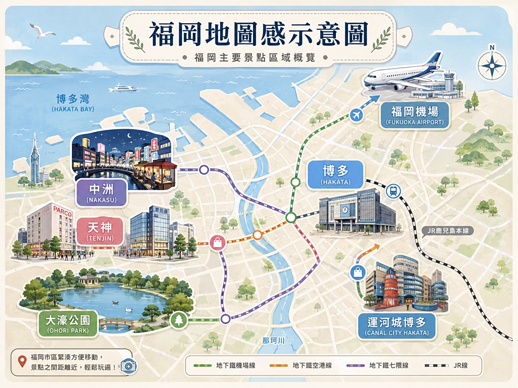福岡地圖示意圖,標示博多、天神、中洲與福岡機場位置