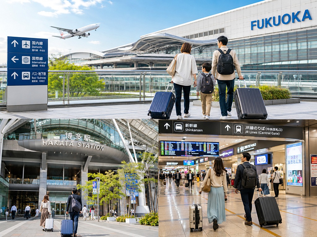 福岡機場到博多站交通與行李移動示意圖