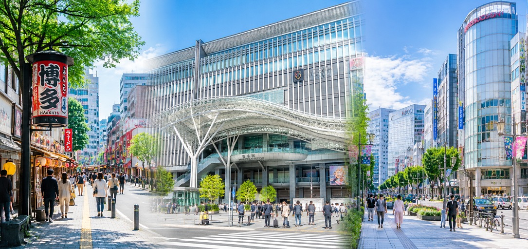 福岡住宿區域比較，博多站與天神街景示意圖
