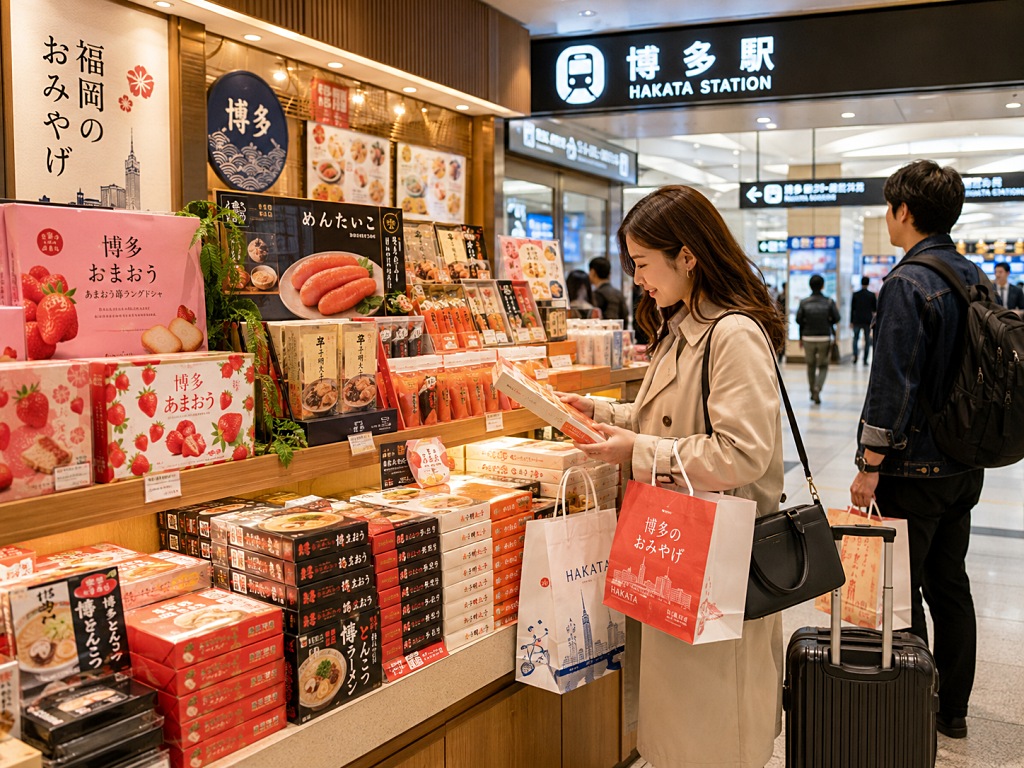 博多車站伴手禮賣場,旅客採買福岡甜點明太子與拉麵伴手禮