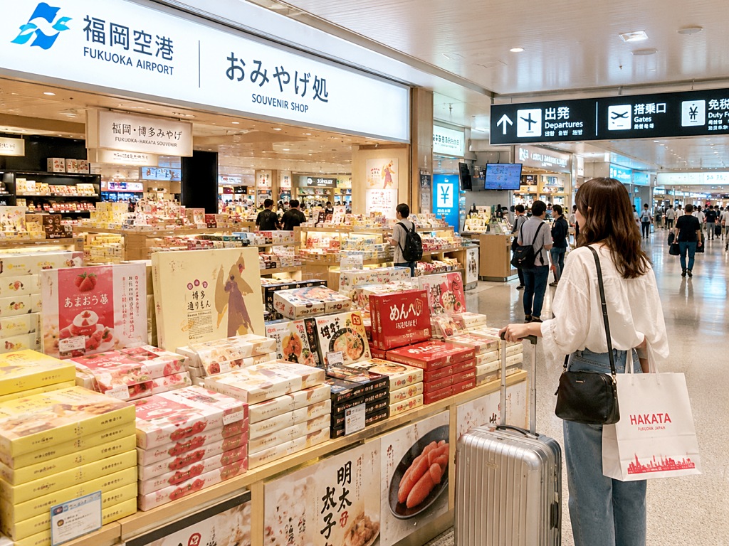 福岡機場伴手禮商店,旅客登機前購買福岡甜點與明太子商品