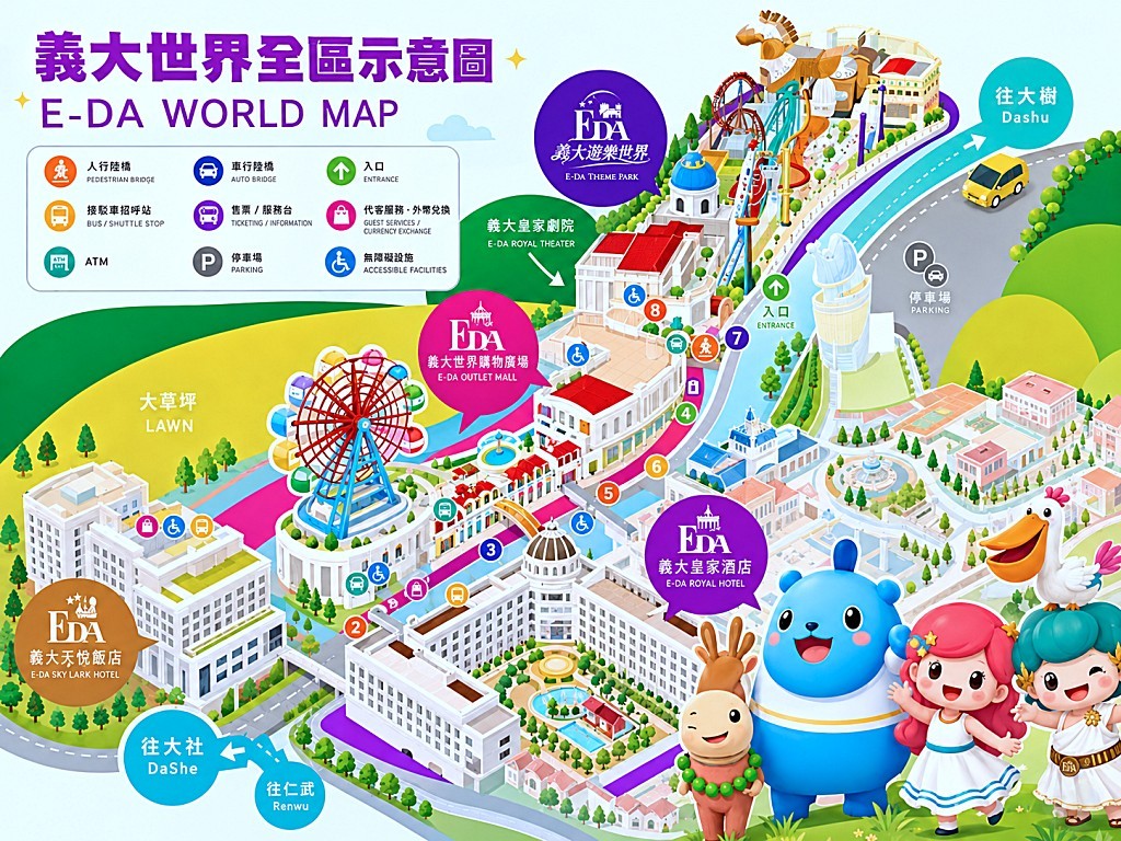 義大世界全區地圖與接駁車路線圖
